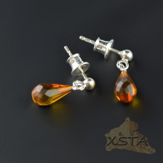 Drop shape amber earrings faceted cognac color